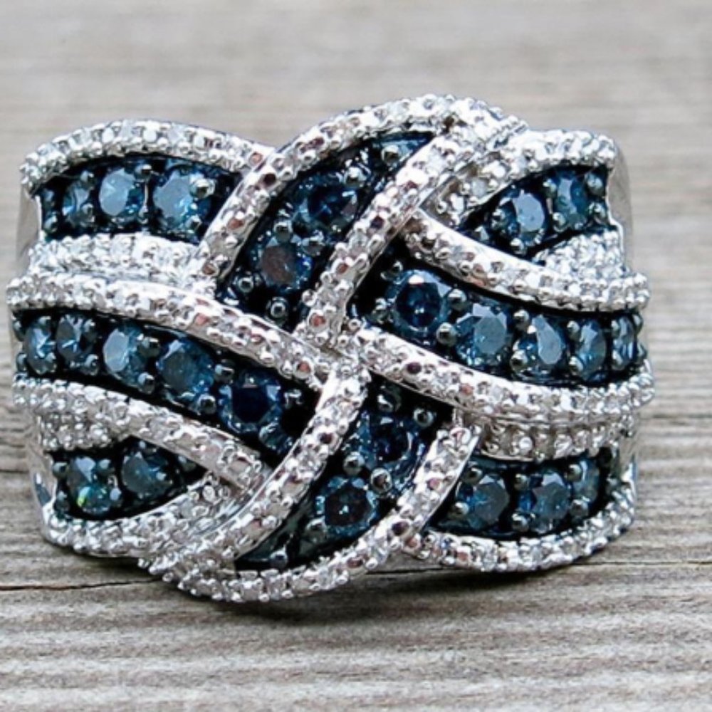 Silver Dark Blue and White Sapphire Statement Ring